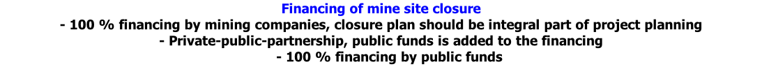 Financing of mine site closure - 100 % financing by mining companies, closure plan should be integral part of project planning - Private-public-partnership, public funds is added to the financing  -	100 % financing by public funds